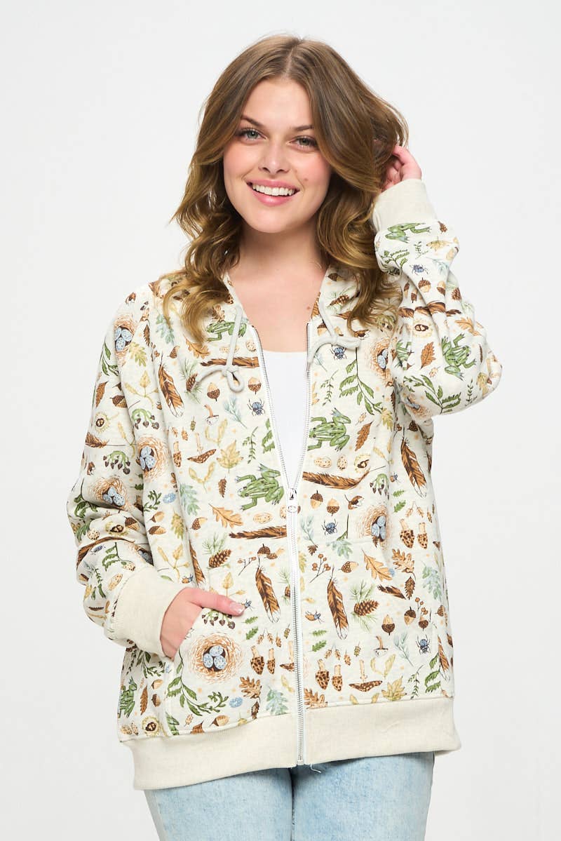 FOREST FOLIAGE PRINT ZIP UP HOODIE: XL