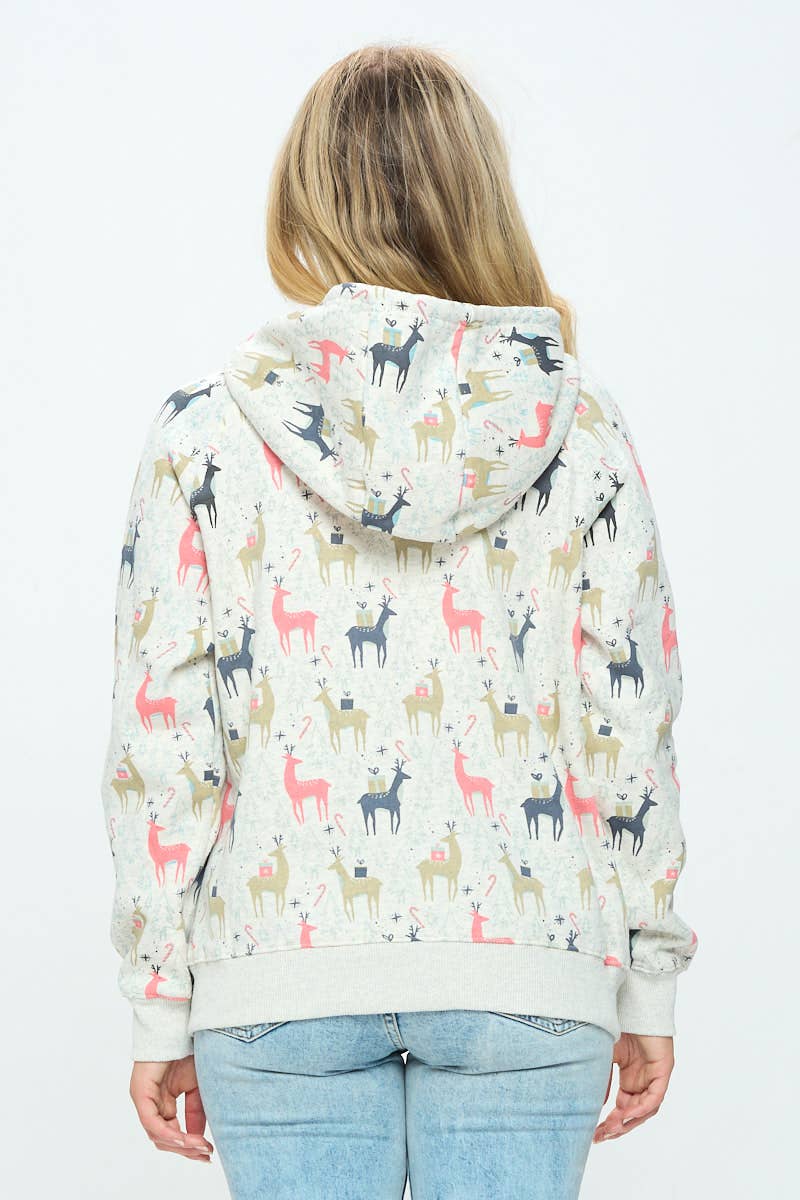 COLORFUL REINDEER PRINT ZIP UP HOODIES: S
