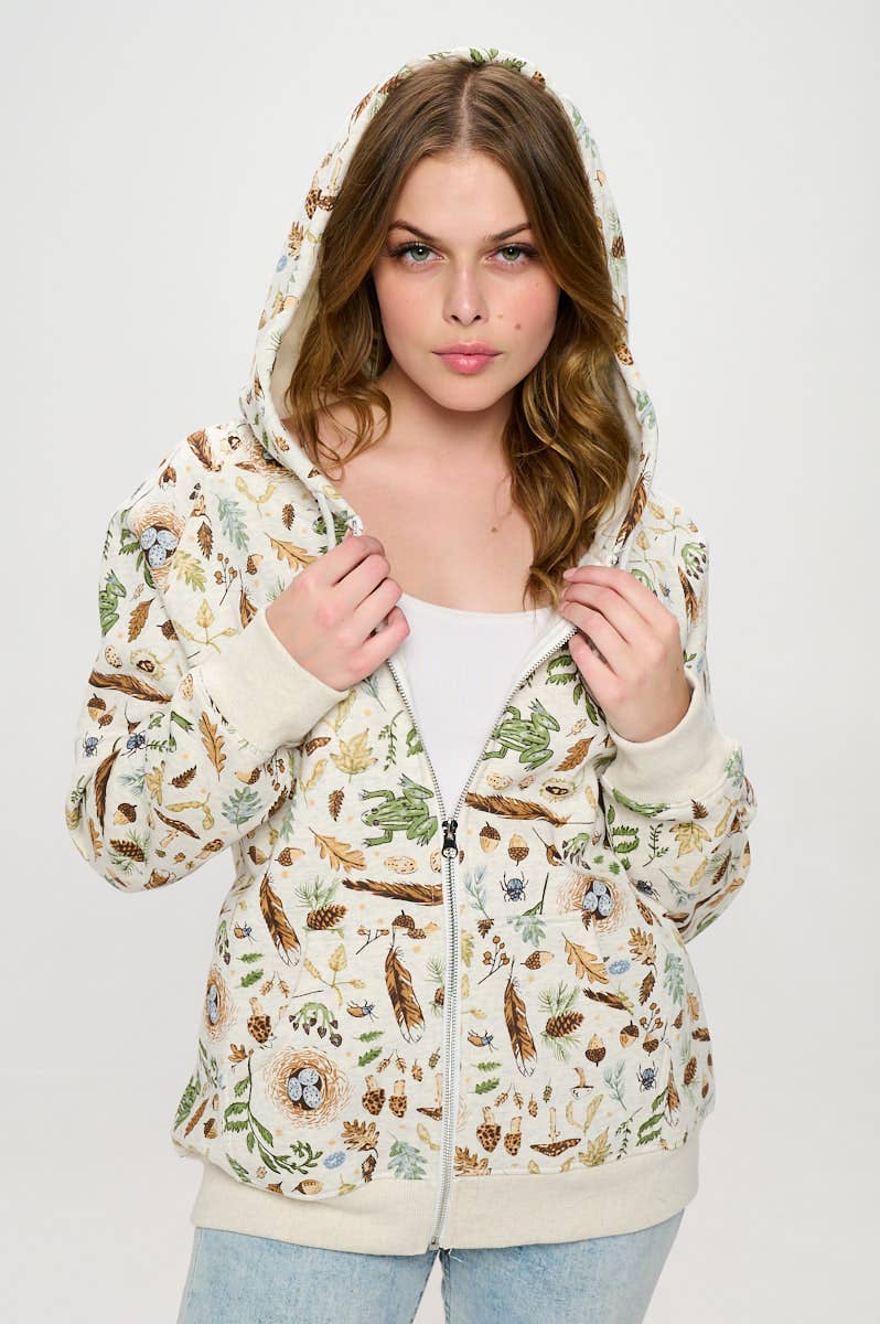 FOREST FOLIAGE PRINT ZIP UP HOODIE: XL