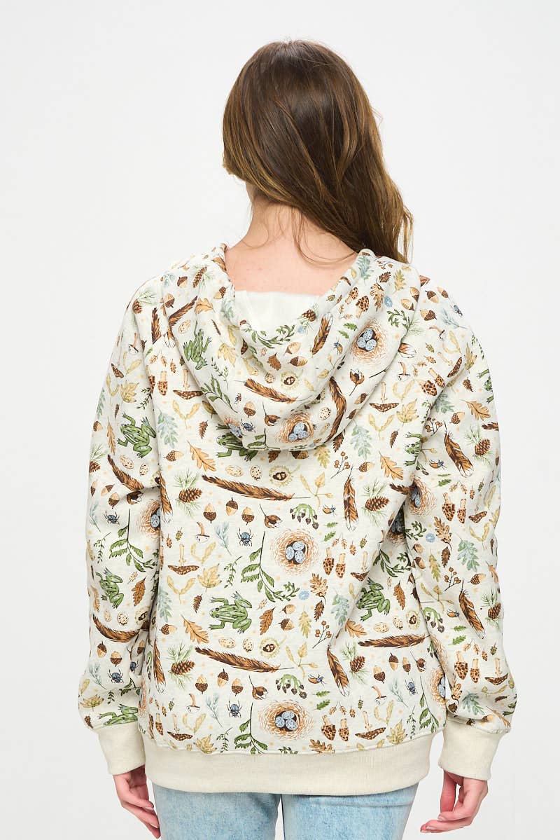 FOREST FOLIAGE PRINT ZIP UP HOODIE: XL