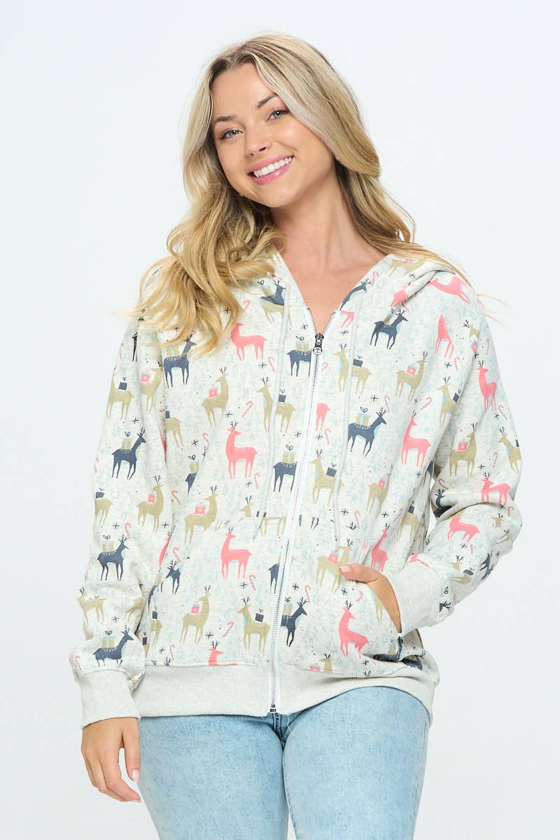 COLORFUL REINDEER PRINT ZIP UP HOODIES: S