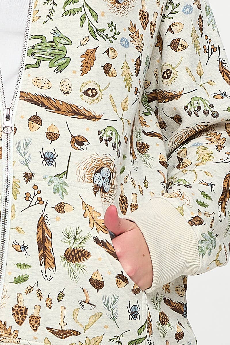 FOREST FOLIAGE PRINT ZIP UP HOODIE: XL