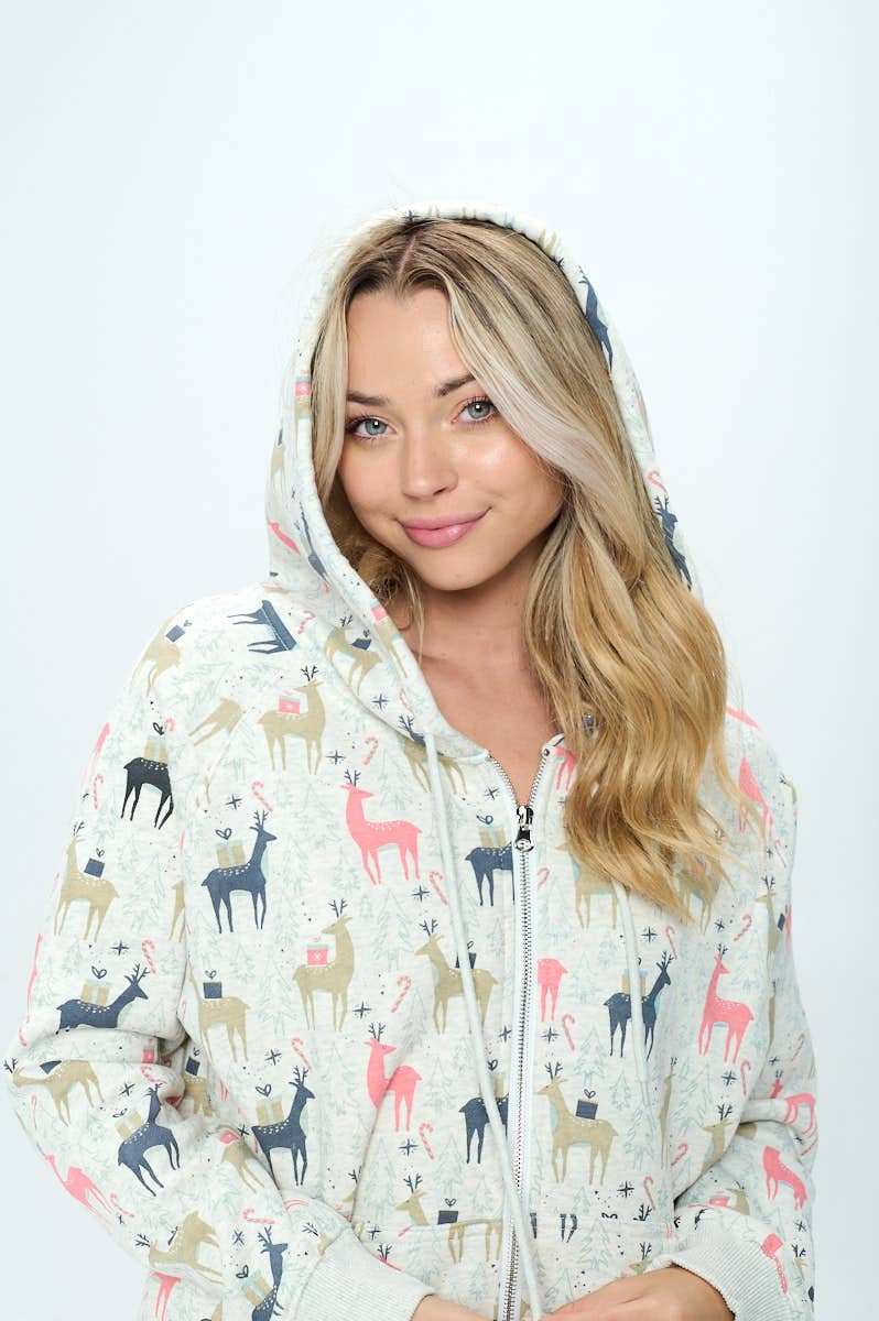 COLORFUL REINDEER PRINT ZIP UP HOODIES: S