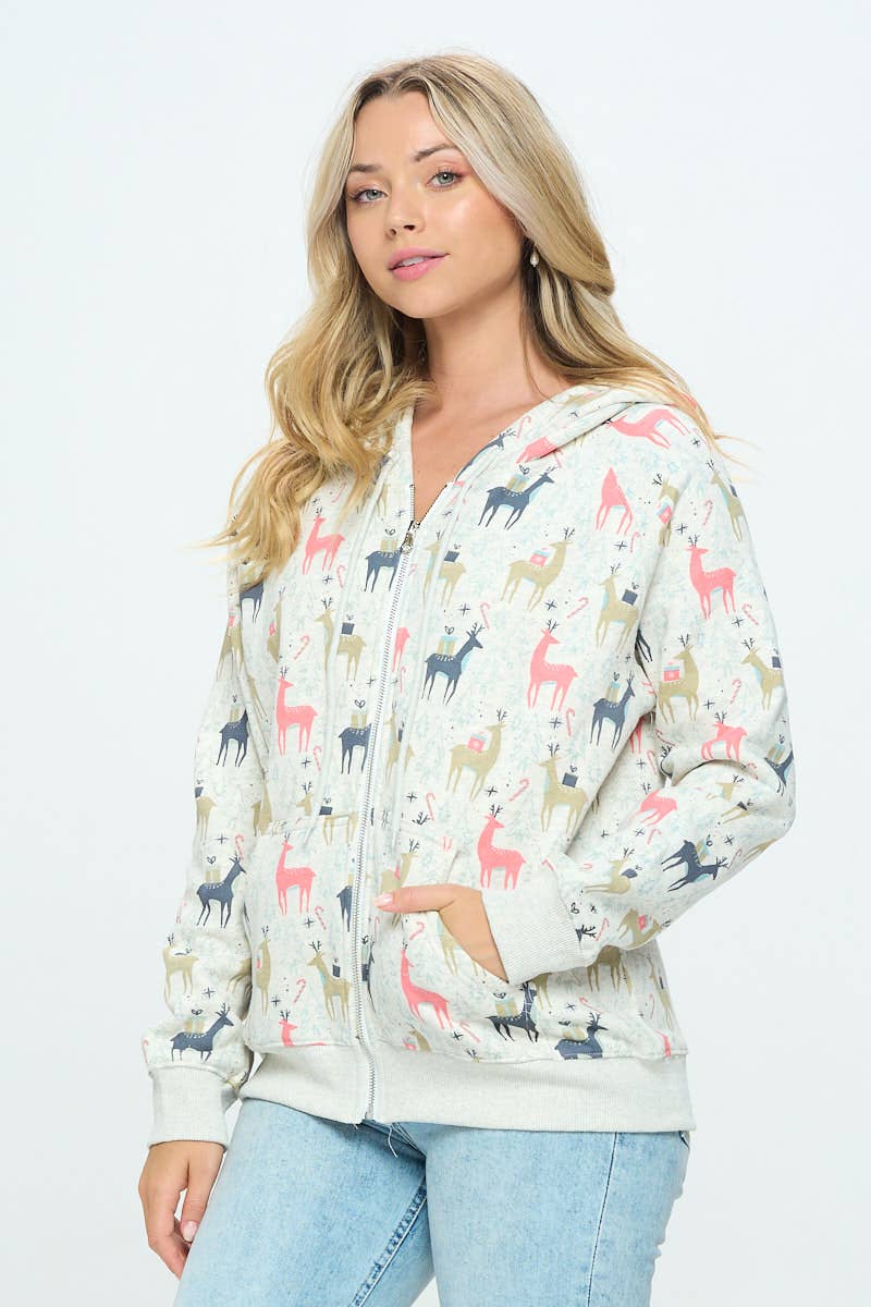 COLORFUL REINDEER PRINT ZIP UP HOODIES: S