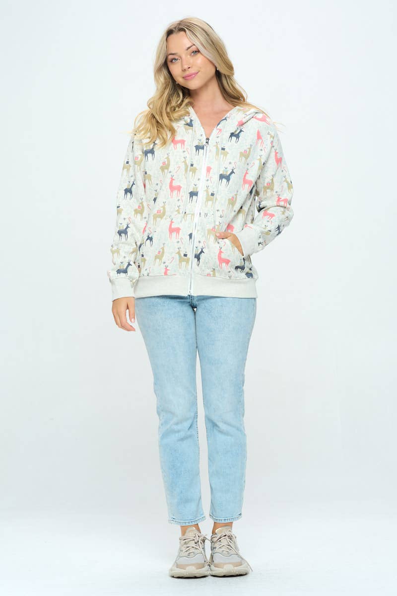 COLORFUL REINDEER PRINT ZIP UP HOODIES: S