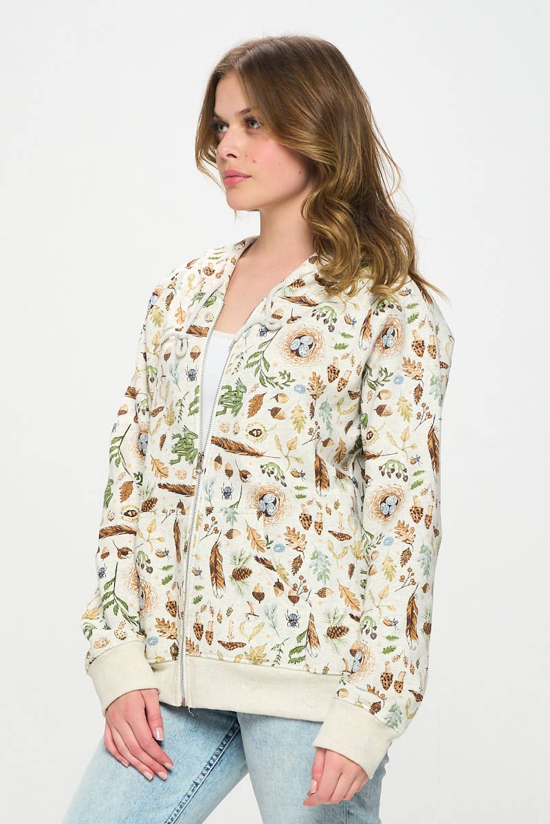 FOREST FOLIAGE PRINT ZIP UP HOODIE: XL