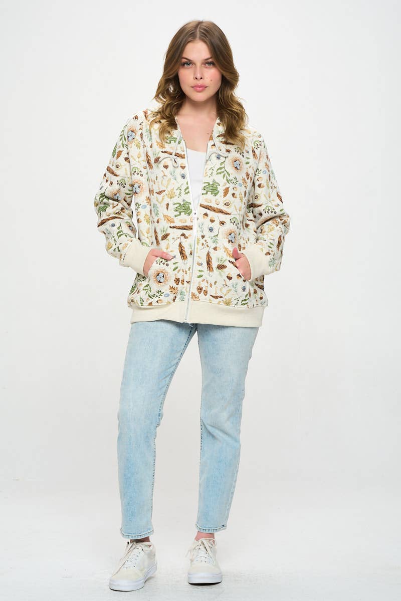 FOREST FOLIAGE PRINT ZIP UP HOODIE: XL