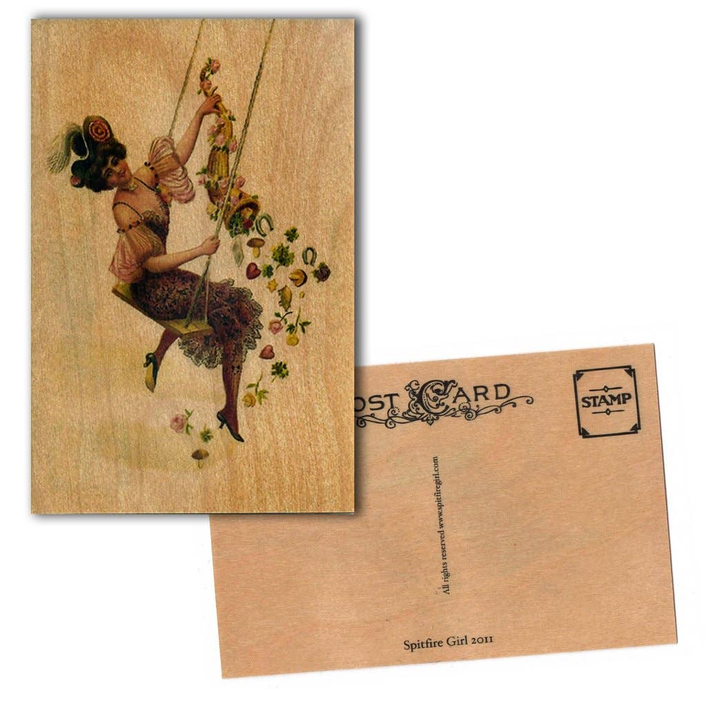 Swinging Vintage Lady Wood Postcard