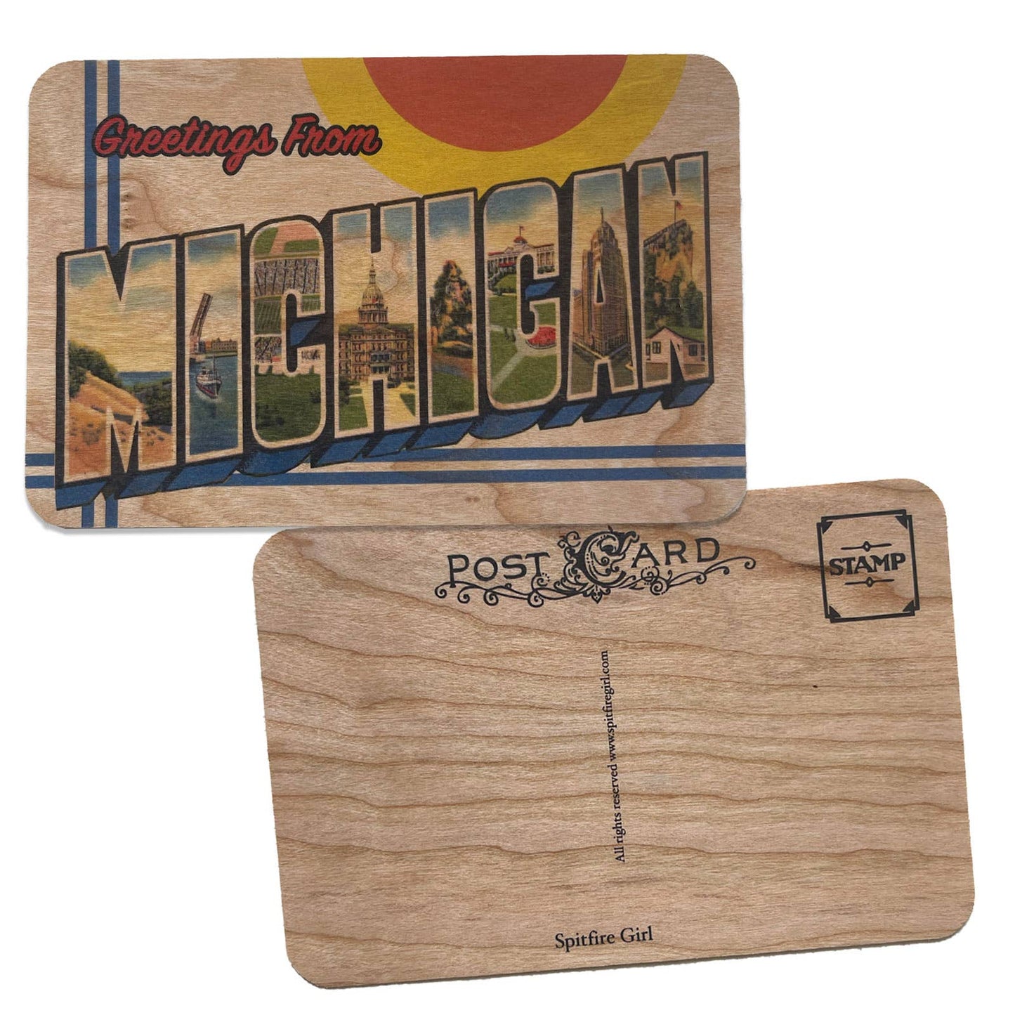 Greetings Michigan Wood Postcard