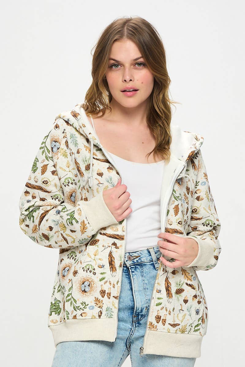 FOREST FOLIAGE PRINT ZIP UP HOODIE: L