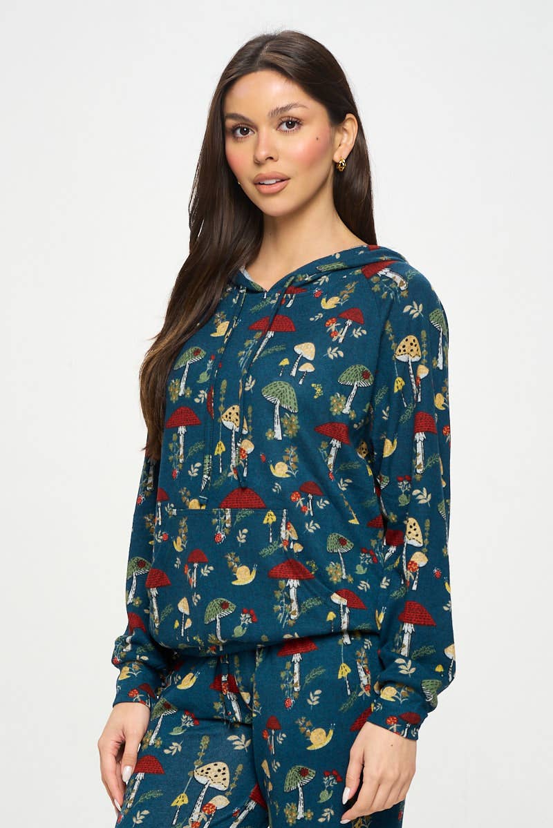 MUSHROOMS FLORAL AND BUGS PRINT TUNIC HOODIE: XL