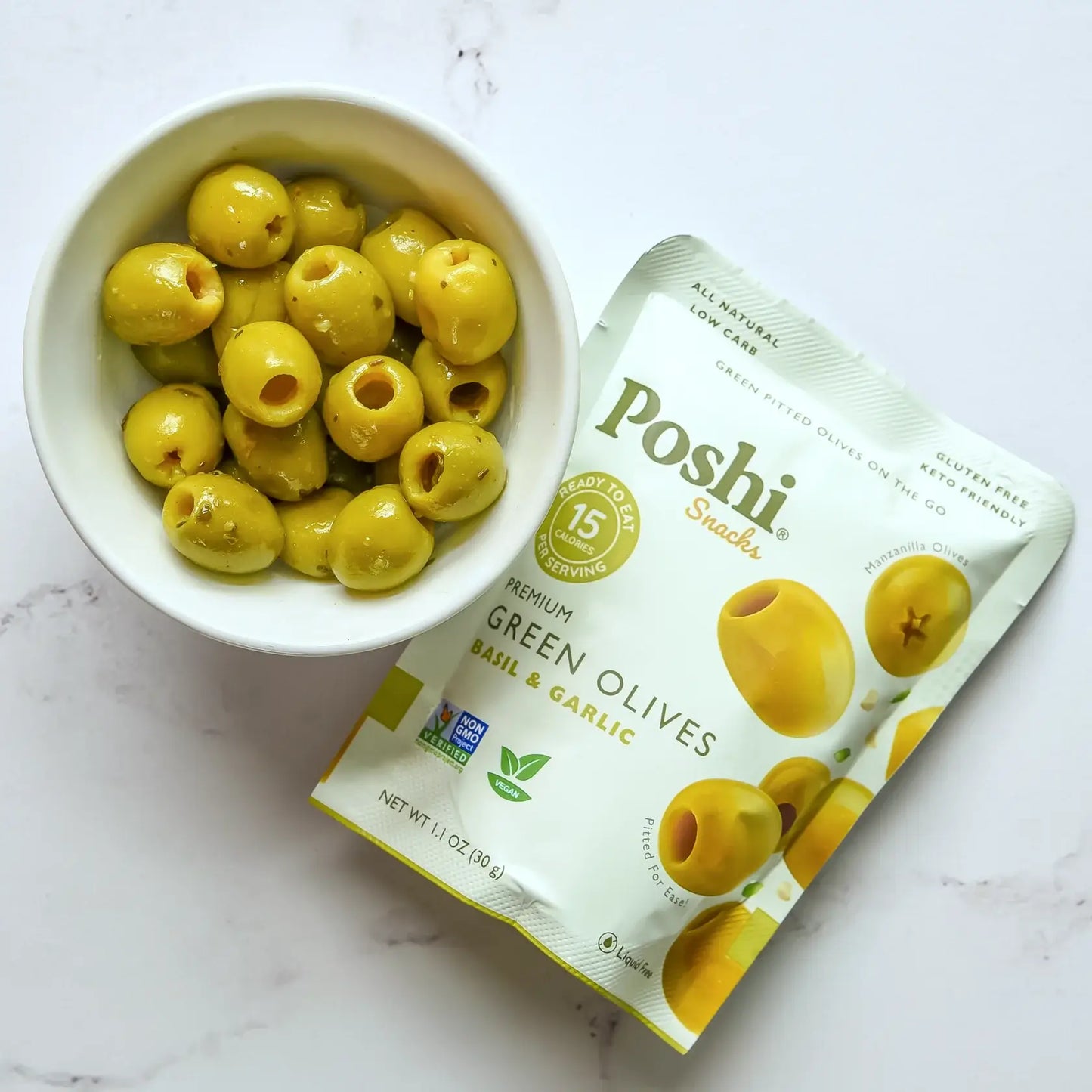 Basil & Garlic Pitted Green Olives