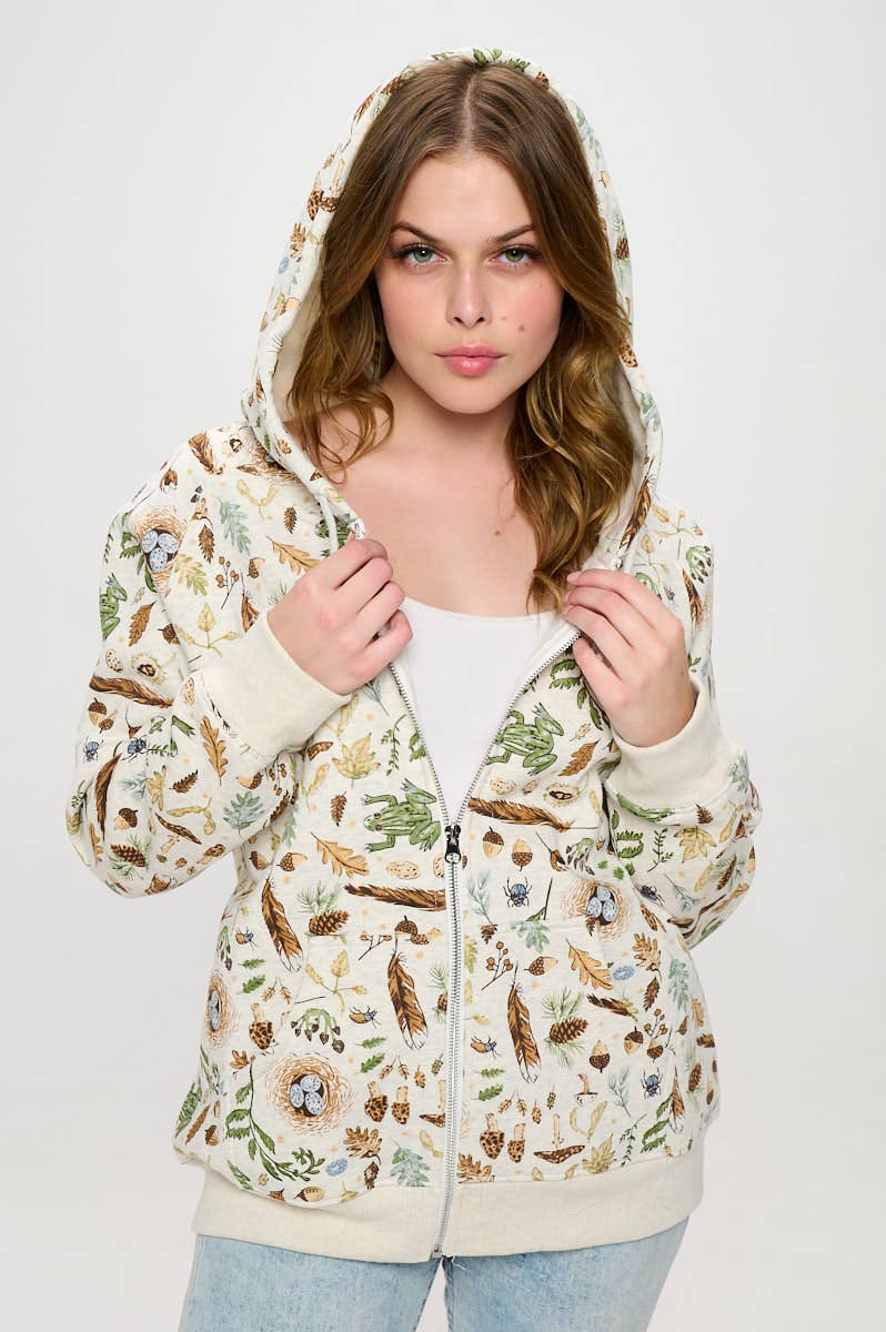 FOREST FOLIAGE PRINT ZIP UP HOODIE: L