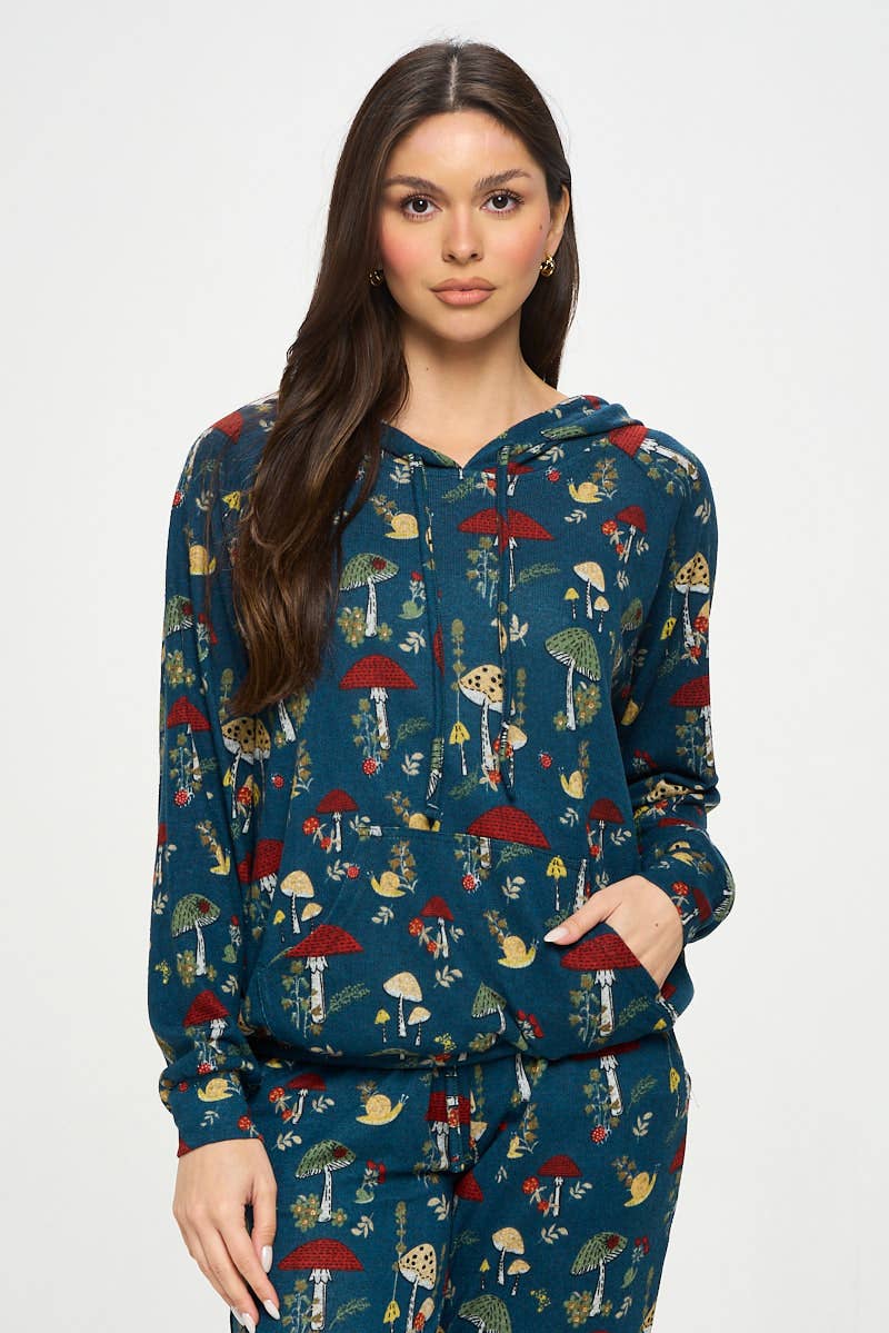 MUSHROOMS FLORAL AND BUGS PRINT TUNIC HOODIE: M
