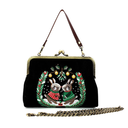 Bunnies Kissing Under Mistletoe Kiss Lock Bag in Linen Cotto