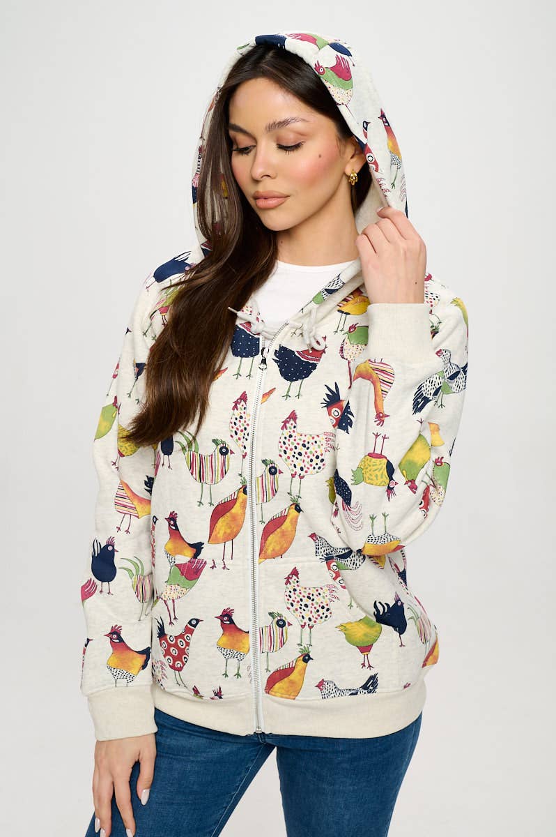 COLORFUL ROOSTER PRINT ZIP UP HOODIE: M