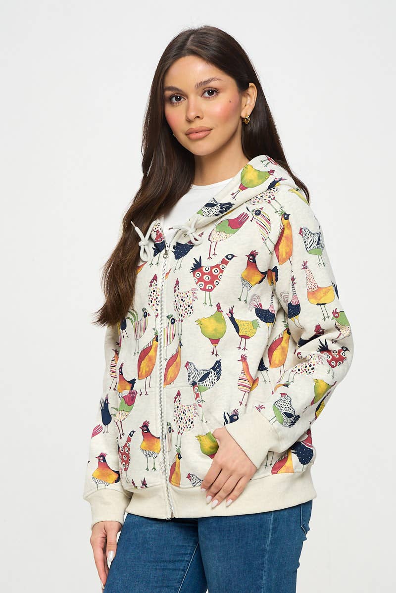 COLORFUL ROOSTER PRINT ZIP UP HOODIE: M