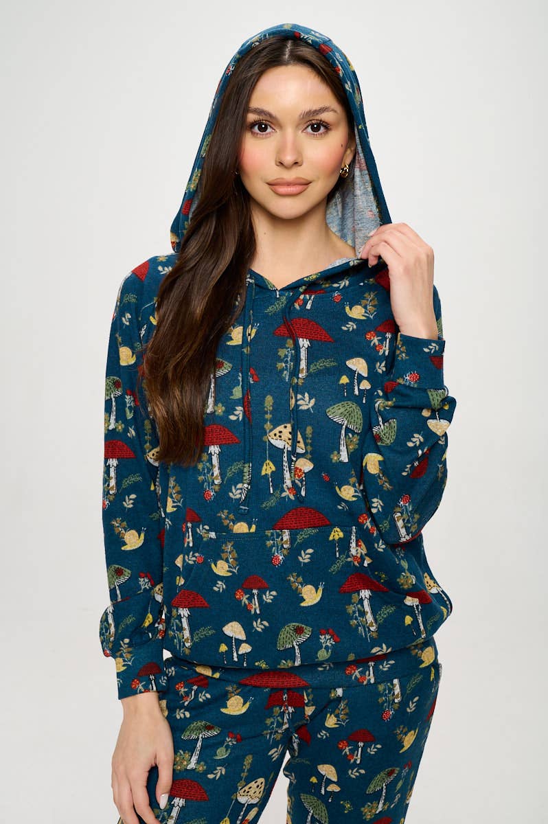 MUSHROOMS FLORAL AND BUGS PRINT TUNIC HOODIE: L