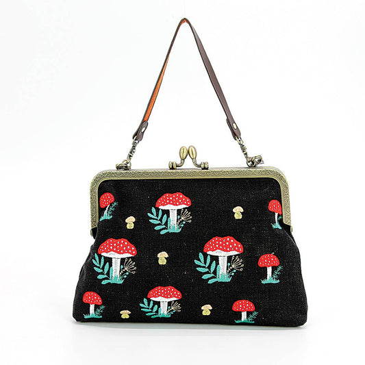 Mushrooms Kisslock Bag in Black