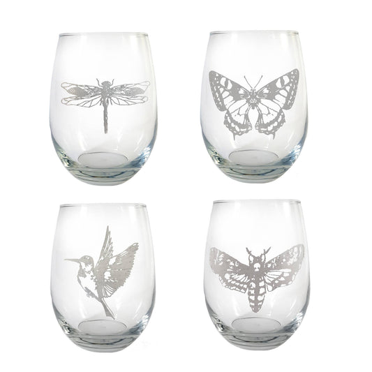 Garden Animals Set of 4  Engraved Stemless Wine Glasses