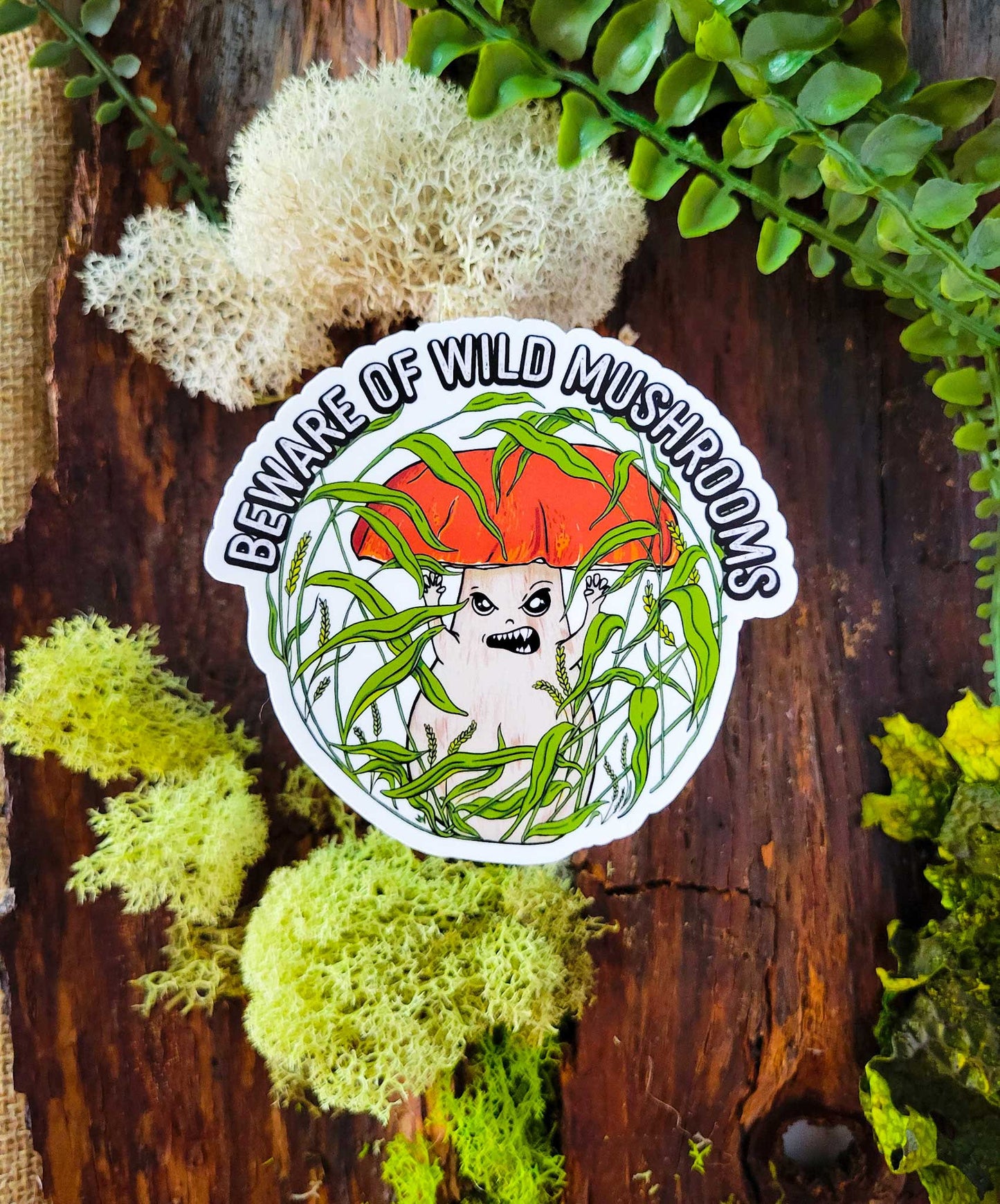 Beware of Wild Mushrooms Sticker: Clear Laminate