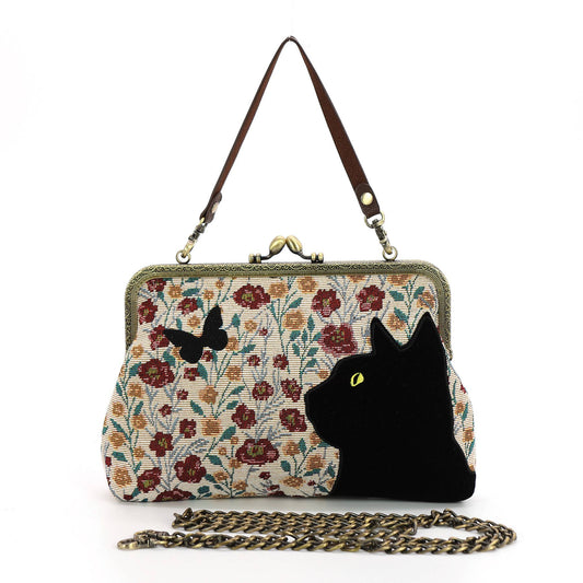 Floral Black Cat Kiss Lock Bag