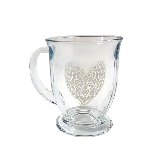 Celtic Heart Glass Mug, 16 Ounces Engraved Coffee Cup