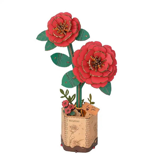 Red Camellia Wooden Flower 3D Puzzle